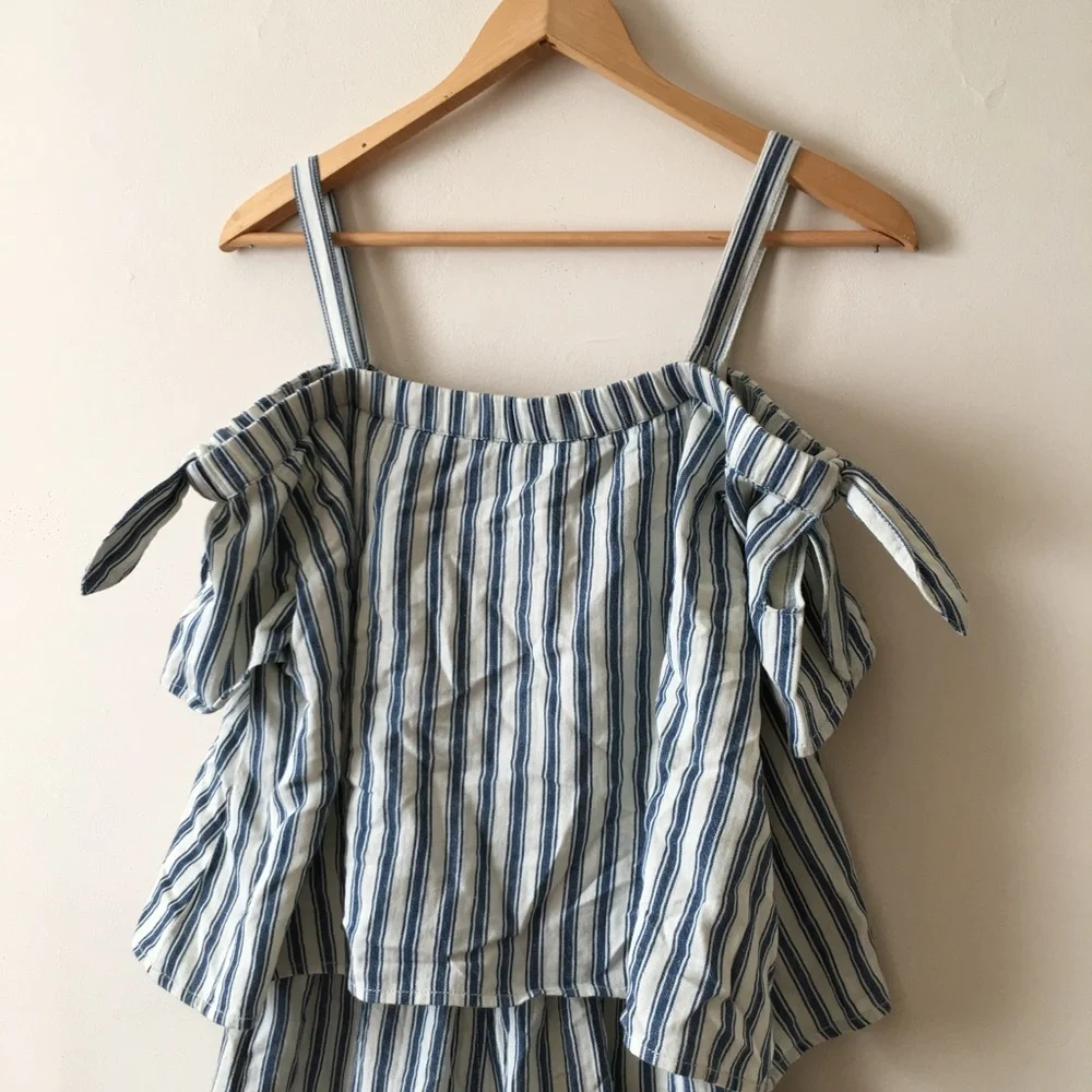 Madewell Blue & White Striped Cold Shoulder Cropped Jumpsuit